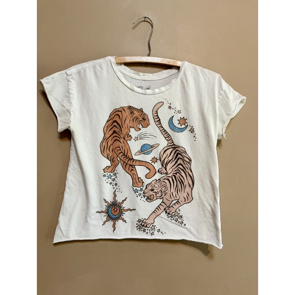 Free People x Midnight Rider Ivory Tiger 100% Cotton Graphic Tee Size XS Raw Hem